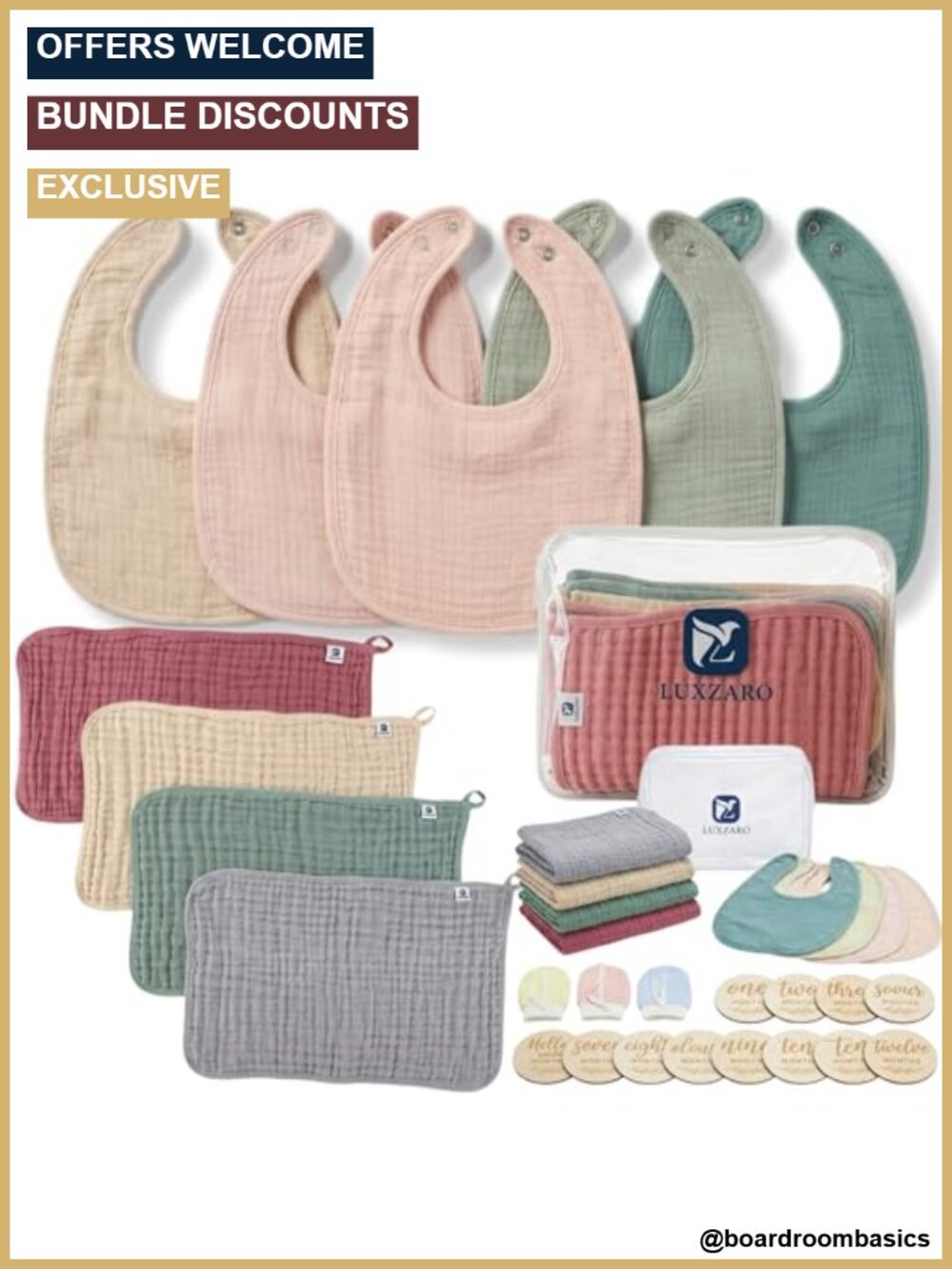 Muslin Burp Cloths Bibs Mittens & Milestone Discs Set
